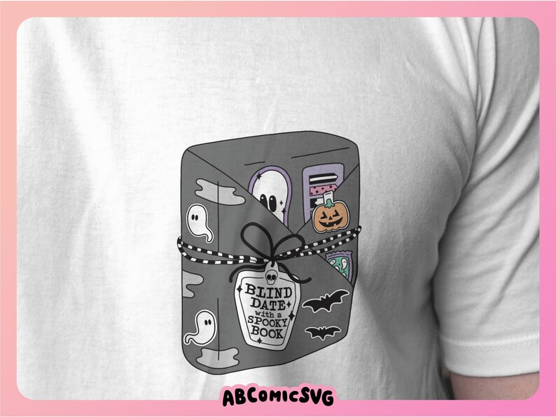 May include: A gray and white book with the text "Blind Date with a Spooky Book" on the front cover. The book is wrapped in black and white string and decorated with ghosts, a pumpkin, and other Halloween-themed elements.