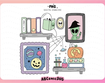 Halloween Sci Fi Reader Bookshelf PNG, Funny Alien PNG, Spooky Book Club PNG, Reading Ghost, Bookish Png, Fall Clipart