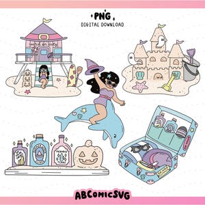 May include: A digital download graphic featuring beach-themed illustrations. Includes a lifeguard stand, sandcastle, a person riding a dolphin, a suitcase, and bottles. The text "+PNG DIGITAL DOWNLOAD" and "ABCOMICSVG" are also present.