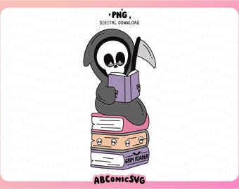 Grim Reader PNG, Bookish Halloween PNG, Spooky Season Design File for Stickers, Bookmarks, Keychain, Badge Reels, Tshirts (Digital Download)
