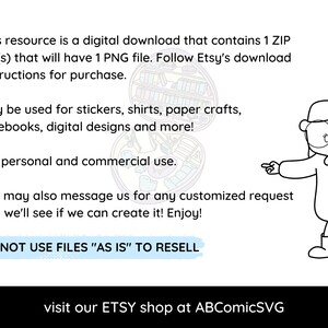 Puede incluir: Gr&aacute;fico digital en blanco y negro con un personaje de dibujos animados con gafas que apunta hacia la derecha. El texto incluye informaci&oacute;n de uso para pegatinas, camisetas, manualidades y m&aacute;s. El texto tambi&eacute;n dice "DO NOT USE FILES "AS IS" TO RESELL".