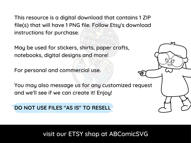 Puede incluir: Gr&aacute;fico digital en blanco y negro con un personaje de dibujos animados con gafas que apunta hacia la derecha. El texto incluye informaci&oacute;n de uso para pegatinas, camisetas, manualidades y m&aacute;s. El texto tambi&eacute;n dice "DO NOT USE FILES "AS IS" TO RESELL".