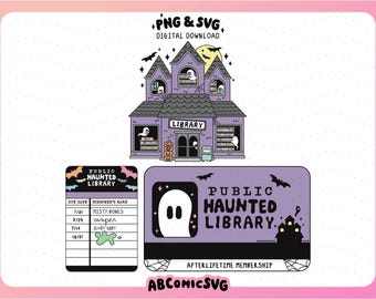 Pakiet nawiedzonej biblioteki PNG SVG, pastelowe Halloween, czytanie o duchach, urocze, estetyczne i modne wzory naklejek, koszulek, zakładek, breloków
