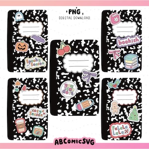 May include: Five black and white composition notebooks with various colorful stickers including a pumpkin, ghost, cherries, books, a gingerbread man, and a Christmas tree. Each notebook features a white scalloped label with lines for writing.