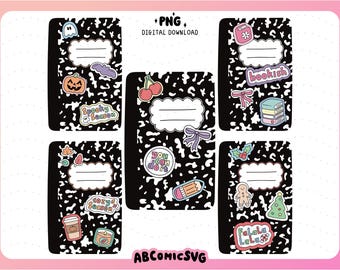 Composition Notebook PNG Bundle, School Supplies PNG, Back to School PNG, Designs for Stickers, Bookmarks, Tshirts, Keychain, Tote (Clipart)
