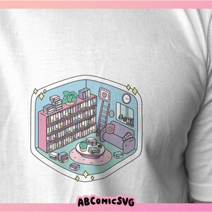 May include: A cartoon illustration of a small room with a bookshelf filled with books, a couch, a coffee table, and a plant. The room is decorated with a heart, a clock, and a window with a view of a plant.
