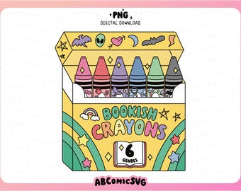 Bookish Box of Crayons PNG, Librarian PNG, Back to School PNG, Book Lovers Designs for Stickers, Magnetic Bookmarks, Keychains (Clipart)