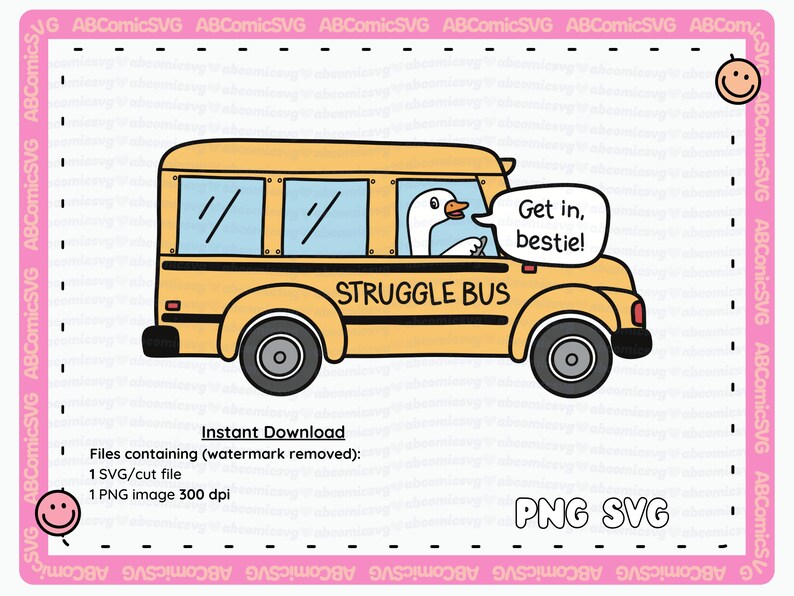 Pode incluir: Um &ocirc;nibus escolar amarelo com um ganso dirigindo. O &ocirc;nibus tem as palavras "STRUGGLE BUS" no lado. Uma bolha de fala acima do ganso diz "Entre, bestie!"