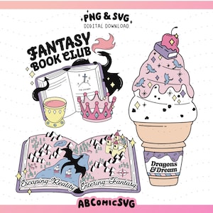 Cute Fantasy Book Lover Bundle PNG SVG, Pink Bookish SVG, Dragon Shirt Png, Fantasy Book Club Svg, Designs for Stickers, Magnetic Bookmarks