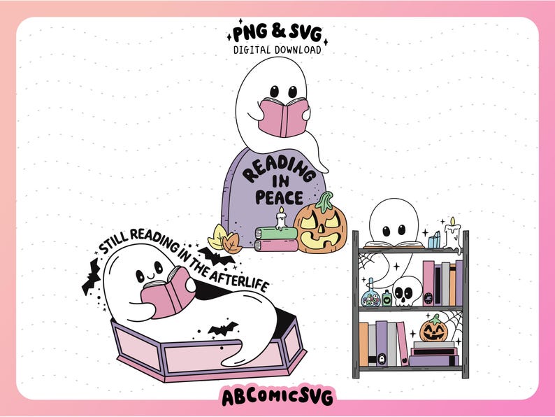 Cute Reading Ghosts Bundle SVG PNG, Spooky Book Lovers, Halloween SVG ...