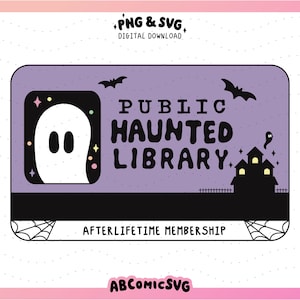 Haunted Bibliothek Karte SVG PNG, Bücherwurm PNG, süßes Halloween, trendige Designdateien für Aufkleber, Tshirts, Lesezeichen, Schlüsselanhänger, Taschen, Becher