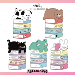 Puede incluir: Una descarga digital con ilustraciones de animales lindos sobre pilas de libros. Se muestra un perro, un oso, un gato, una rana y un conejo. Los libros son de varios colores con elementos decorativos. El texto dice '+PNG DIGITAL DOWNLOAD' y 'ABCOMICSVG'.