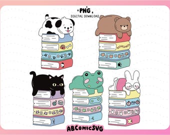 Pakiet TBR Book Stack Animal Friends PNG: pliki z projektami clipartów w stylu kawaii bookish (pobieranie cyfrowe)