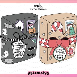 May include: Two illustrated book covers, one with a spooky Halloween theme and the other with a Christmas theme. Both covers feature the text "Blind Date with a Book".