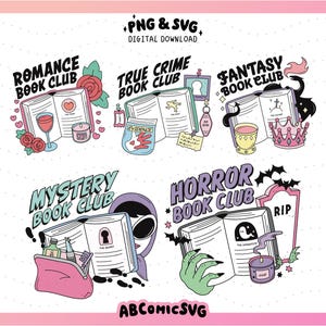 Puede incluir: Descarga digital de gráficos con ilustraciones para clubes de lectura. Incluye diseños para los géneros Romance, True Crime, Fantasía, Misterio y Terror. Cada diseño presenta un libro abierto con imágenes asociadas, como una rosa, una bolsa de evidencia o una corona.