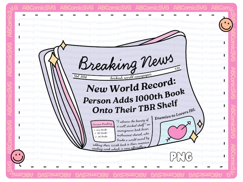 Puede incluir: Una ilustraci&oacute;n de dibujos animados de un titular de peri&oacute;dico que anuncia un nuevo r&eacute;cord mundial por agregar 1000 libros a una estanter&iacute;a de libros por leer. El titular es "Breaking News" con el subt&iacute;tulo "Nuevo r&eacute;cord mundial: Persona agrega el libro n&uacute;mero 1000 a su estanter&iacute;a TBR". El peri&oacute;dico est&aacute; doblado y tiene un coraz&oacute;n rosa con una flecha en la esquina inferior derecha.