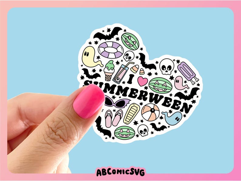 May include: A heart-shaped sticker with the words "I Summerween" surrounded by summer and Halloween-themed illustrations. The sticker features bats, ghosts, watermelons, ice cream, and skulls. The sticker is held by a hand with pink nail polish.
