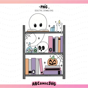 May include: A black bookshelf with three shelves. The top shelf features a white ghost reading a book, a crystal, and a white candle. The middle shelf has a potion bottle, a small heart-shaped bottle, and a skull. The bottom shelf has a stack of books, a pumpkin, and another stack of books. The bookshelf has a spiderweb design on the sides.
