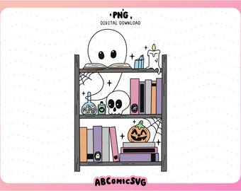 Spooky Shelf PNG, Bookish Ghost PNG, Halloween PNG, Cute Trendy Designs for Stickers, Bookmarks, Tshirts, Sweatshirt, Badge Reels, Totes