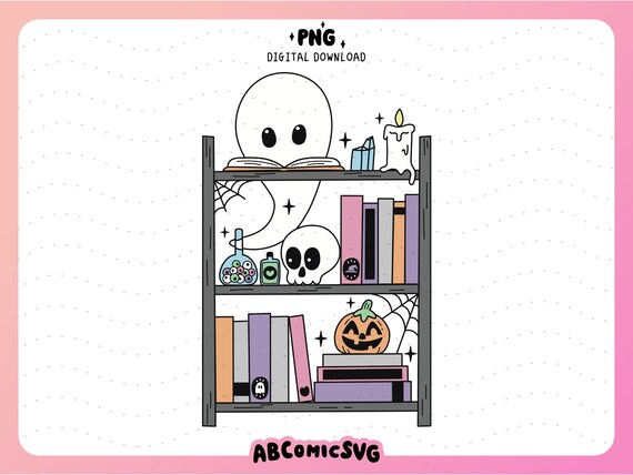 Spooky Shelf PNG, Bookish Ghost PNG, Halloween PNG, Cute Trendy Designs for Stickers, Bookmarks, Tshirts, Sweatshirt, Badge Reels, Totes