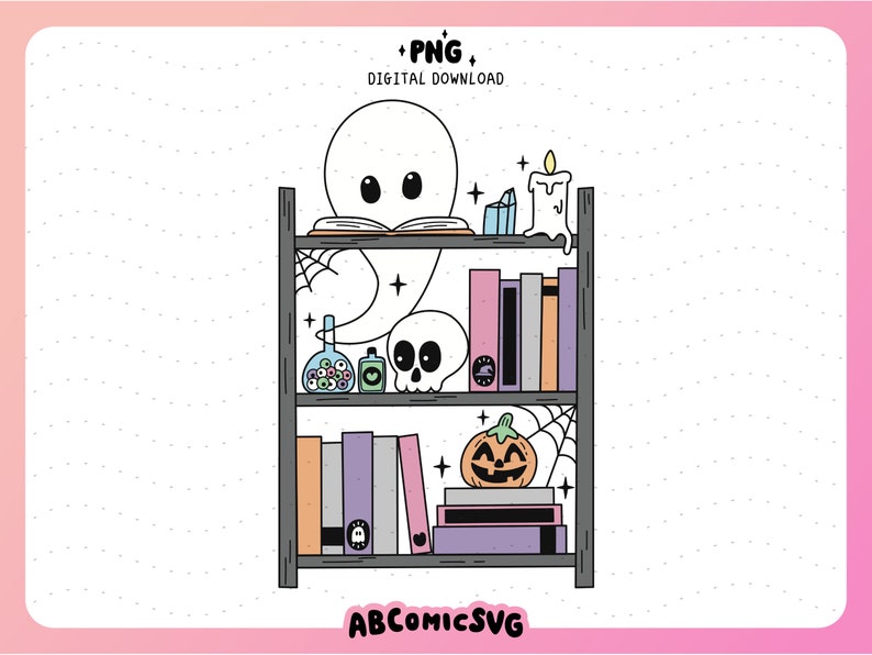 May include: A black bookshelf with three shelves. The top shelf features a white ghost reading a book, a crystal, and a white candle. The middle shelf has a potion bottle, a small heart-shaped bottle, and a skull. The bottom shelf has a stack of books, a pumpkin, and another stack of books. The bookshelf has a spiderweb design on the sides.