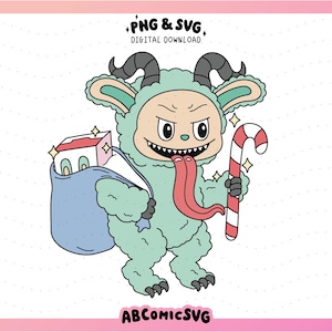 May include: A cartoon illustration of a green monster with horns, holding a candy cane and a blue sack filled with gifts. The monster has a long red tongue and a menacing expression. Text on the image reads "PNG & SVG DIGITAL DOWNLOAD" and "ABCOMICSVG".