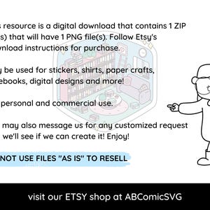 May include: A digital download of a single PNG file featuring a cute cartoon character with glasses pointing to a text box that says "DO NOT USE FILES "AS IS" TO RESELL". The text box is in front of a cartoon illustration of a bookshelf and a couch. The text below the image says "visit our ETSY shop at ABComicSVG".