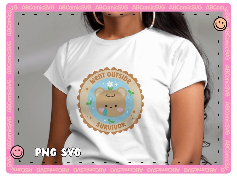 May include: A white t-shirt with a brown and blue graphic of a cartoon bear with a tear on its cheek. The graphic is surrounded by a brown circle with the text "Went Outside Survivor" in white.