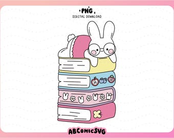 Stos książek TBR z króliczkiem w formacie PNG: Plik z projektem clipartu z króliczkiem w stylu kawaii (pobieranie cyfrowe)