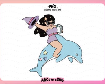 BOOKISH Witch Riding Dolphin PNG: Pastelowy projekt clipart Summerween (pobieranie cyfrowe)