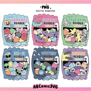 May include: Six digital illustrations of candy bags labeled Romance, Fantasy, True Crime, Sci-Fi, Mystery, and Horror Reader Treats. Each bag features themed gummy shapes like hearts, dragons, mummies, aliens, magnifying glasses, and bats.