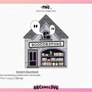 Pu&ograve; includere: Un'illustrazione di un negozio di libri infestato di colore viola e grigio con un cartello che recita "BOOOOKSTORE". Due fantasmi bianchi volano sopra l'edificio. Il negozio di libri ha una finestra, una porta e scaffali pieni di libri.