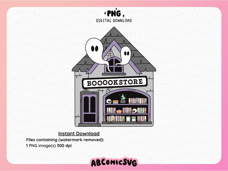 Pu&ograve; includere: Un'illustrazione di un negozio di libri infestato di colore viola e grigio con un cartello che recita "BOOOOKSTORE". Due fantasmi bianchi volano sopra l'edificio. Il negozio di libri ha una finestra, una porta e scaffali pieni di libri.