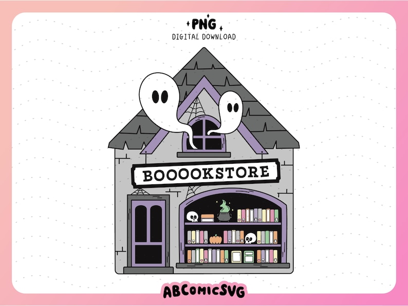 Pu&ograve; includere: Un'illustrazione di un cartone animato di un edificio in pietra grigia con un tetto viola e un cartello che recita "BOOOKSTORE". Ci sono due fantasmi bianchi che galleggiano sopra l'edificio. L'edificio ha una finestra e una porta. L'interno dell'edificio mostra una libreria con libri, un calderone e teschi.