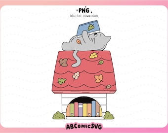 Fall Bookish Cat PNG, Dog House Bookshelf PNG, Autumn Vibes Designs for Stickers, Magnetic Bookmarks, Badge Reels, Totes (Digital Download)