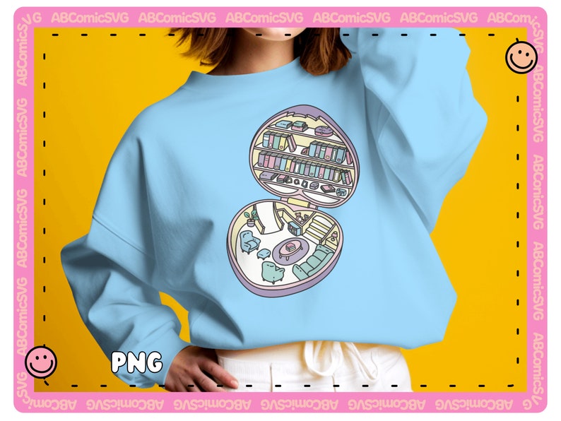 Puede incluir: Sudadera azul claro con un dise&ntilde;o en forma de coraz&oacute;n que representa una habitaci&oacute;n en miniatura con muebles y estanter&iacute;as. El dise&ntilde;o incluye peque&ntilde;os detalles y las letras "PNG". La sudadera es de estilo casual.