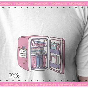 Pode incluir: Um refrigerador de desenho animado rosa e branco cheio de livros. O refrigerador tem uma nota na porta que diz "Comprar livros".
