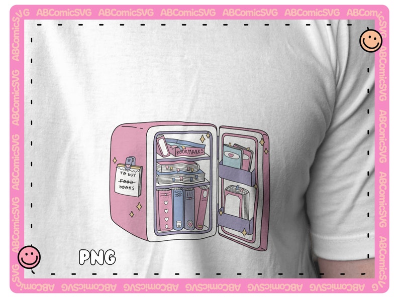 Pode incluir: Um refrigerador de desenho animado rosa e branco cheio de livros. O refrigerador tem uma nota na porta que diz "Comprar livros".