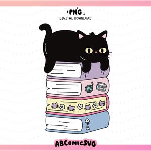 Puede incluir: Ilustración de un gato negro sobre una pila de libros. Los libros son de colores pastel y tienen diseños de gatos. La imagen incluye el texto '+PNG DIGITAL DOWNLOAD' y 'ABCOMICSVG'.