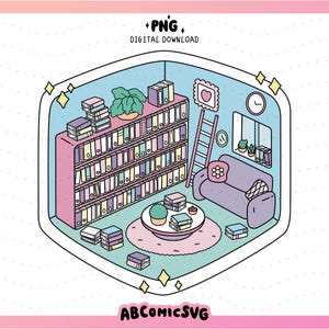 Niedliche Isometrische Bibliothek PNG, Gemütliche Leser PNG, Bücherwurm PNG, Trendige Designdatei für Aufkleber, T-Shirts, Lesezeichen, Schlüsselanhänger, Taschen, Tassen, Abzeichen