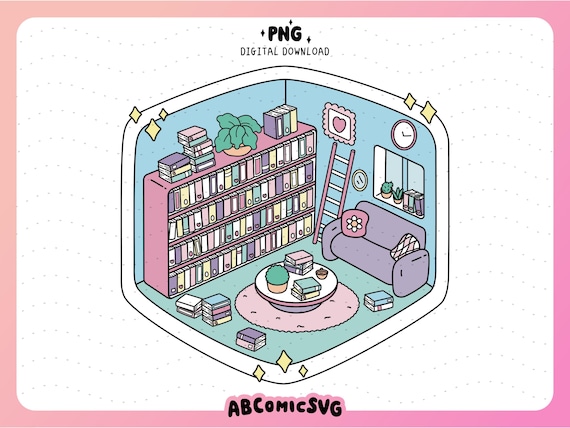 Cute Isometric Library PNG, Cozy Reader PNG, Bookish PNG, Trendy Design File for Stickers, Tshirts, Bookmarks, Keychains, Totes, Mugs, Badge