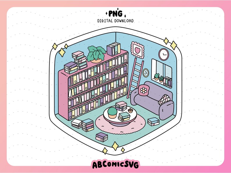 May include: A cartoon illustration of a room with a bookshelf filled with books, a couch, a ladder, a potted plant, and a coffee table with books on it. The room is decorated with a heart and a clock.