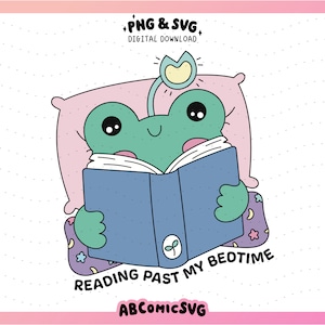 Voorbij het slapengaan SVG PNG, leesgrage kikker PNG, boekenliefhebbers Svg, schattige trendy ontwerpen voor stickers, bladwijzers, sleutelhangers, T-shirts, mokken
