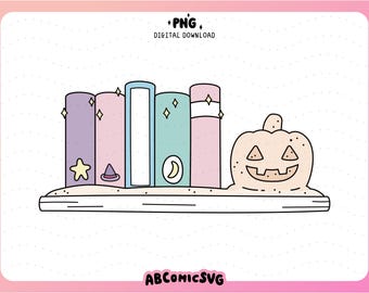 BOOKISH Witchy Shelf PNG: Pastelowy projekt clipartu półki na książki Summerween (pobieranie cyfrowe)