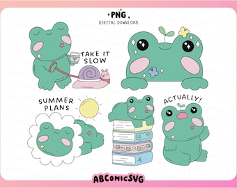 Zestaw zabawnych, kapryśnych żab w formacie PNG: zabawny projekt clipartów ze zwierzętami w stylu kawaii (pobieranie cyfrowe)