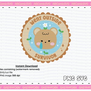 May include: A brown bear with a blue tear drop, wearing a flower on its head, inside a brown circle with the text "Went Outside Survivor" in white. The background is pink with a white border.