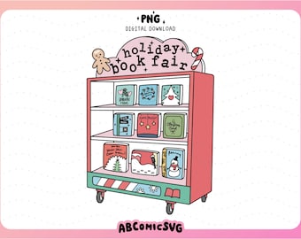 Christmas Holiday Book Fair PNG, Festive Bookish PNG, Book Lovers PNG Designs for Stickers, Bookmarks, Badge Reels, Keychains (Clipart)