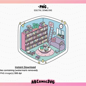 May include: A digital illustration of a cozy reading nook with a bookshelf filled with books, a couch, a small table with a potted plant, and a ladder. The room is decorated with a heart-shaped picture, a clock, and a window. The illustration is in a cartoon style with pastel colors.