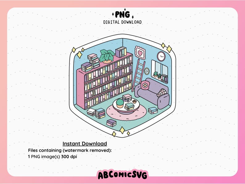 May include: A digital illustration of a cozy reading nook with a bookshelf filled with books, a couch, a small table with a potted plant, and a ladder. The room is decorated with a heart-shaped picture, a clock, and a window. The illustration is in a cartoon style with pastel colors.