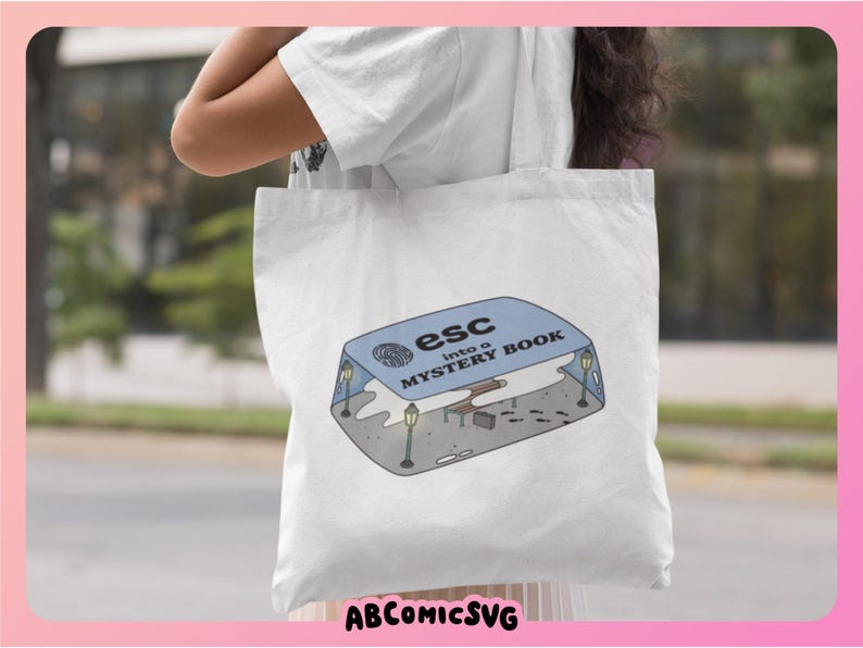 May include: White tote bag with a blue and white illustration of a game cartridge with the text "esc into a mystery book".